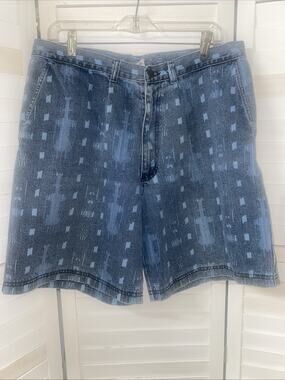 Vintage Gitano 80s 90s Cotton Southwest Print Denim Blue Shorts Size 36